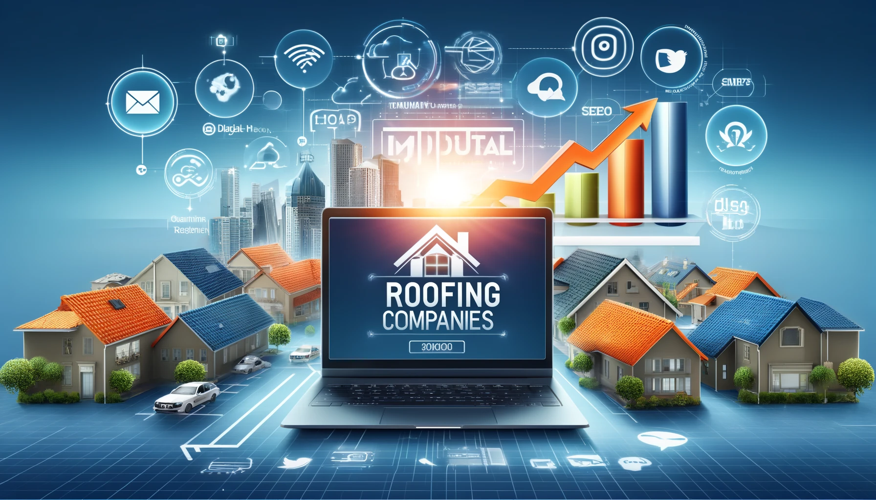 A dynamic layout featuring a modern roofing business website on a laptop, surrounded by social media icons, a bar graph indicating growth, and SEO keywords. The background includes a skyline with rooftops, symbolizing the roofing industry.