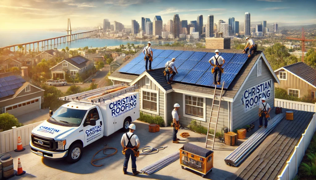 Christian Roofing team installing solar panels on a rooftop in San Diego