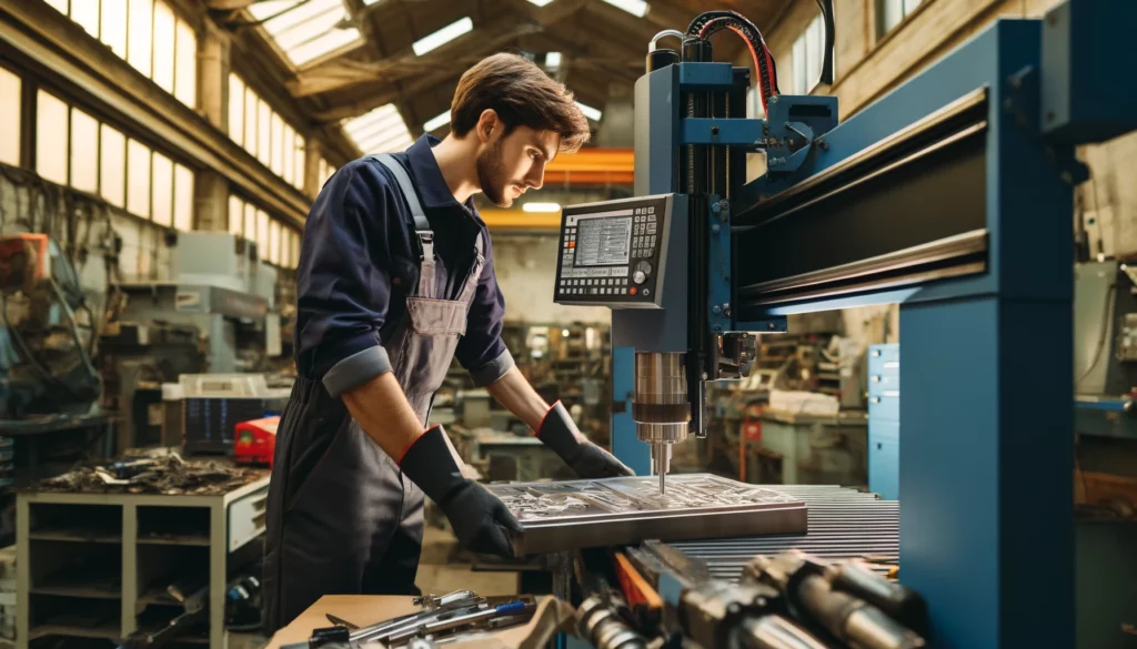 Metal fabricator working with CNC machine in a workshop.